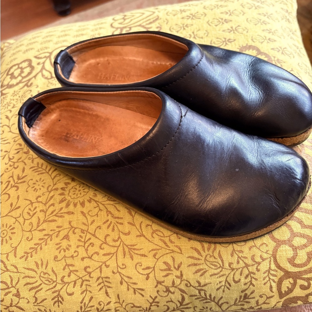 Haflinger slip on black leather cork sole travel clogs US 40